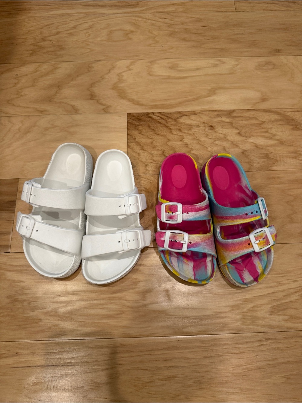 Kids Double-Buckle Slide Sandals - White and Multicolor